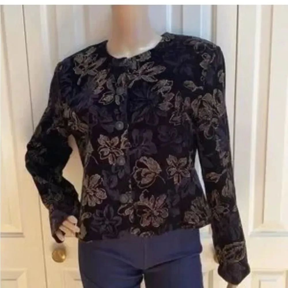 Vintage Norton McNaughton Jacket Women Size 8 Black Velour Silver Glitter Floral